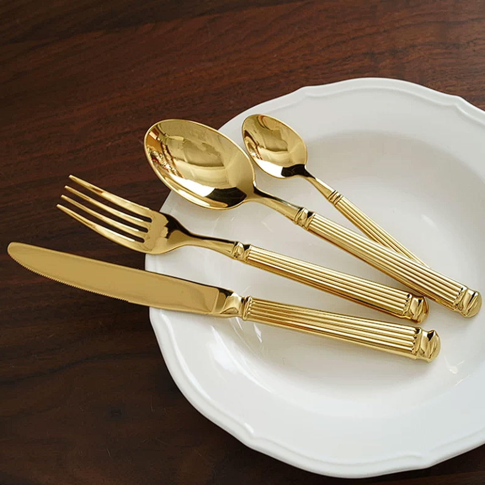 Juego de cubiertos acero inoxidable dorado 4 piezas, cuchillo for cena, tenedor, cuchara, vajilla estilo occidental apta for lavavajillas
