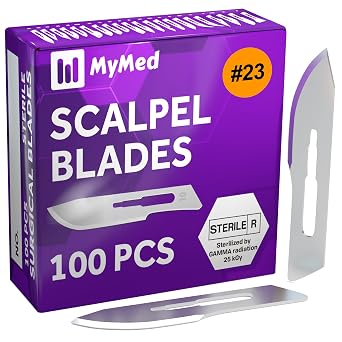 MyMed Disposable Scalpel Blades| #23 Sharp Carbon-Steel Blades | Pack of 100 | Sterile Individual Pouches| Dermaplaning Tool for Face Professional, Podiatry, Crafts & More