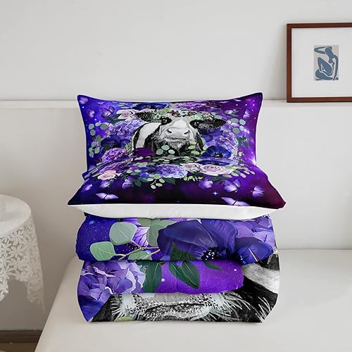 Miniatura 5 de Erosebridal Juego de edredón de vaca de las Highland para niños y niñas, juego de ropa de cama tamaño individual, diseño de mariposa y rosa morado,