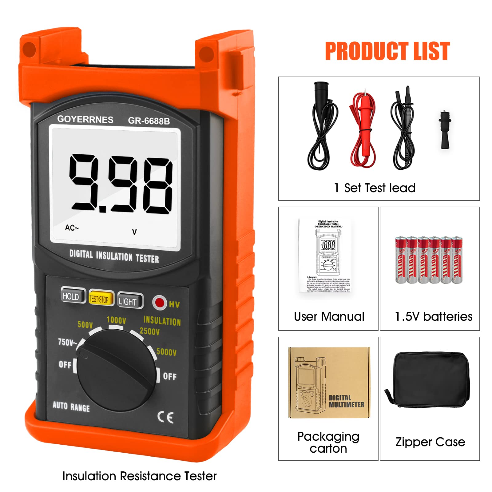 Megaohmmetro portatile GR-6688B 200GΩ Tester resistenza isolamento 500V-5000V
