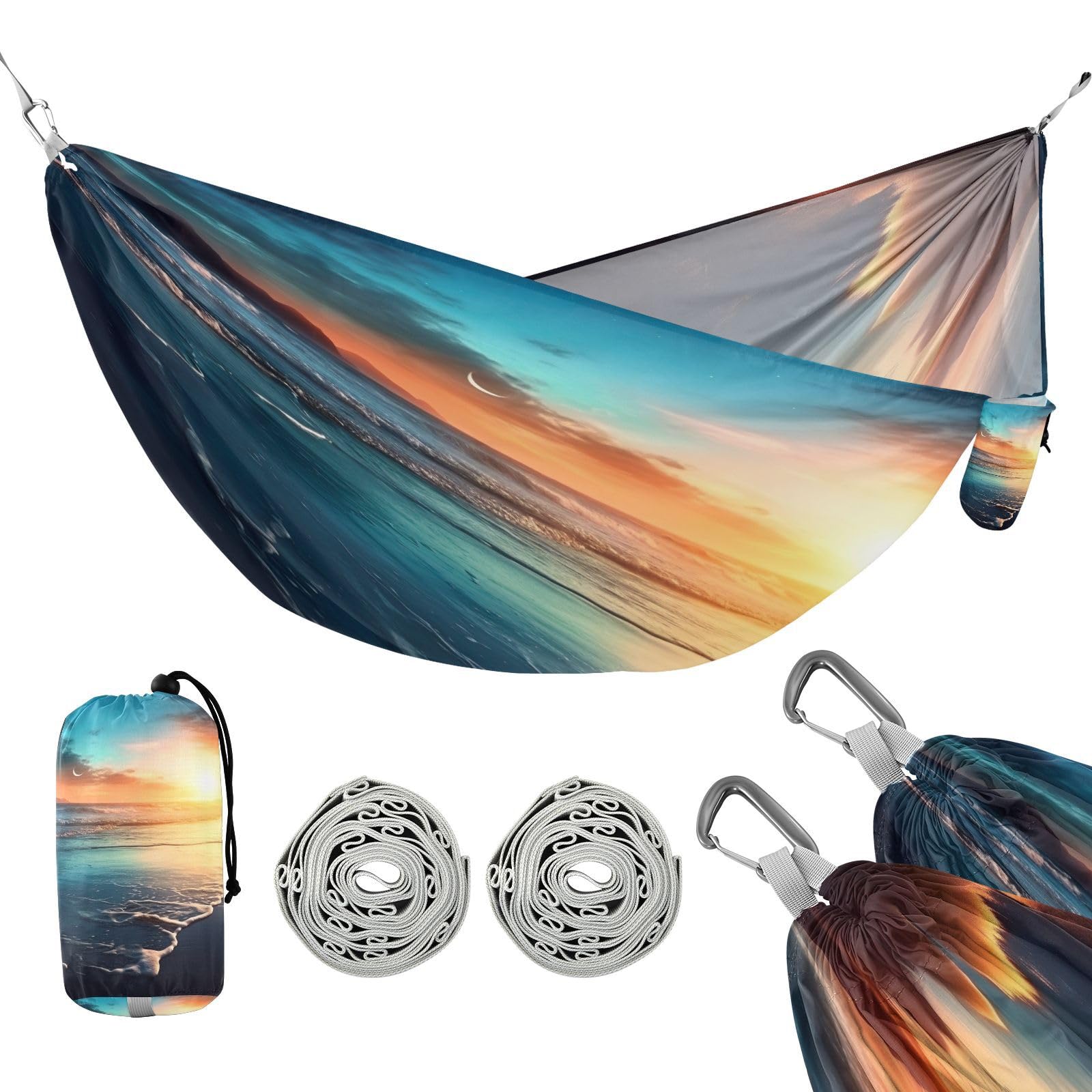 Haskirky Sunset Beach Camping Hammock, Single Portable Hammocks with Tree Straps & Attached Carry Bag, 330Lbs Capacity Perfect for Outside Indoor Hiking Beach Backpack Travel