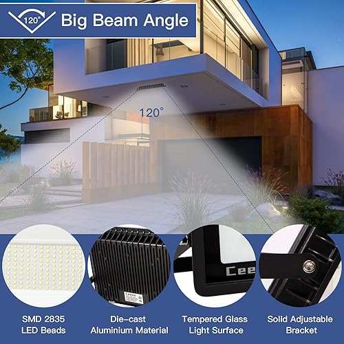 Miniatura 4 de 2 Pack 240W Hardwired LED Flood Light Outdoor, 24000lm Super Bright Floodlight, IP66 Waterproof 6000K Daylight White Exterior Lights for Basketball