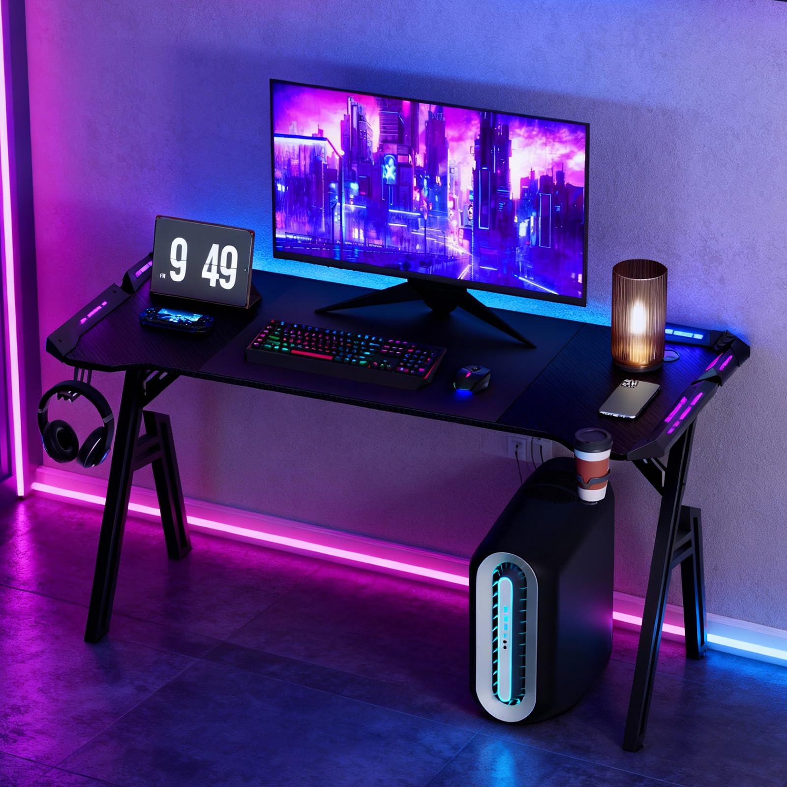 Gaming Tisch 160x60 CM, Gaming Schreibtisch mit LED Beleuchtung, Kohlefaseroberfläche, Getränkehalter, Kopfhörerhalter, Computertisch Ergonomisch, PC Tisch, Gamingtisch für Gaming, Streaming