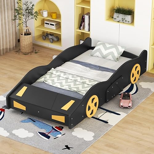 Miniatura 3 de Cama de plataforma en forma de auto de carreras de tamaño individual con armario de almacenamiento y ruedas para niños y niñas, color negro
