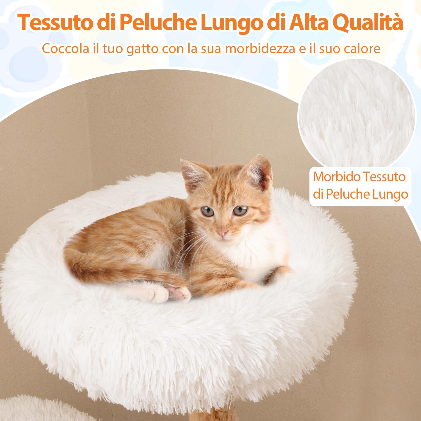 COSTWAY Albero per Gatti 90 cm, Torre per Gatti in Legno con Piattaforma in Tessuto in Pile Lungo, Tiragraffi in Juta e Pallina Pendente, Cuccia per Animali Domestici (Bianco)