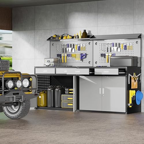 Miniatura 9 de Banco de trabajo de 48 pulgadas, banco de trabajo resistente de capacidad de 2000 libras con cajones y almacenamiento, mesa de trabajo con luz y