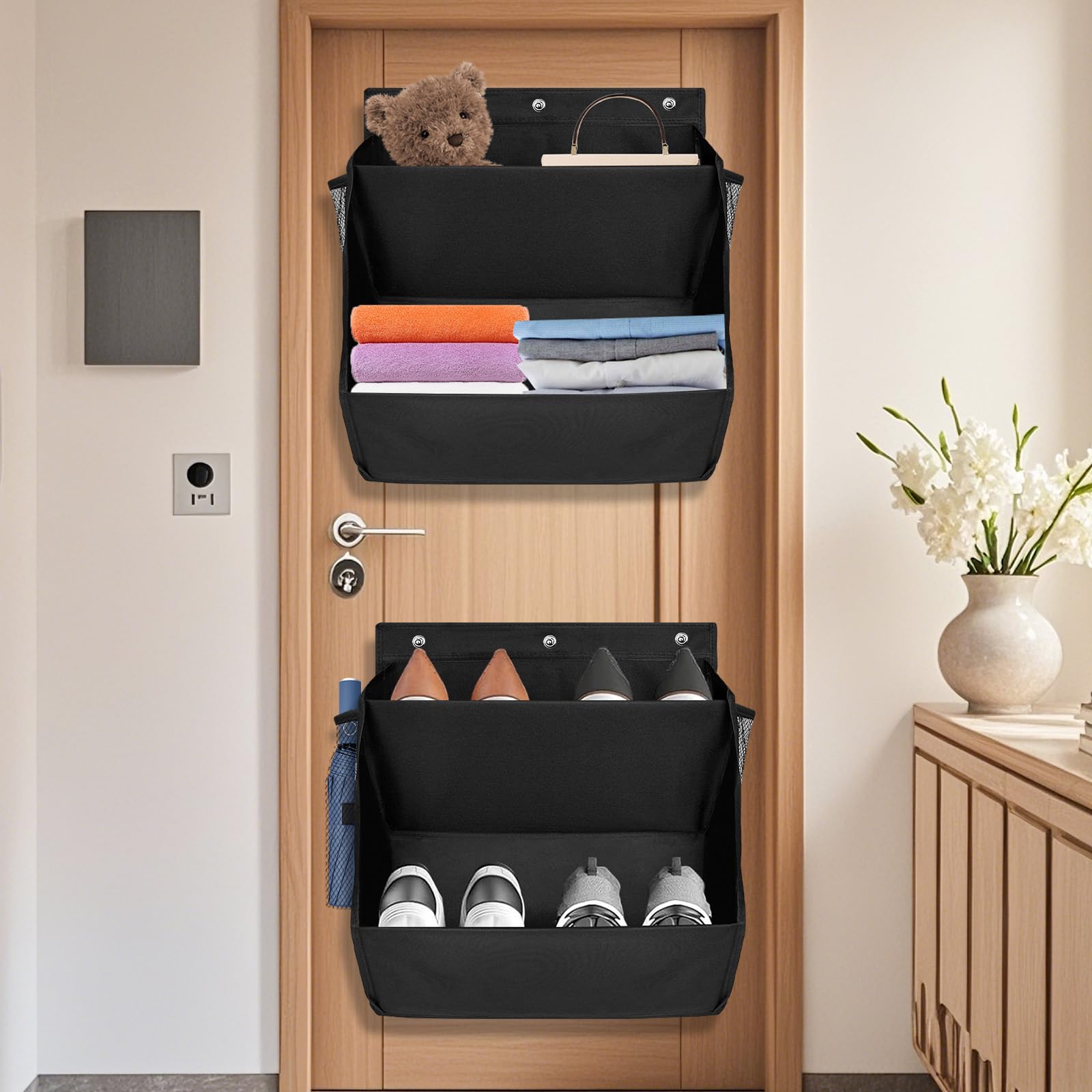 febcailly Confezione da 2 portascarpe per camper con nastro adesivo, scarpiera da appendere sopra la porta, organizer per scarpe da appendere alla parete, colore nero