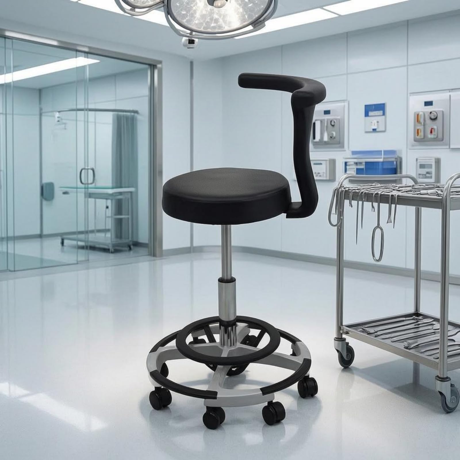Sedia Medica per Esame Sgabello Rotante con Schienale Regolabile Poggiapiedi Circolare Ruote a Cinque Caster in Pelle E Metallo Comoda per Ambulatorio Studio Medico Laboratorio