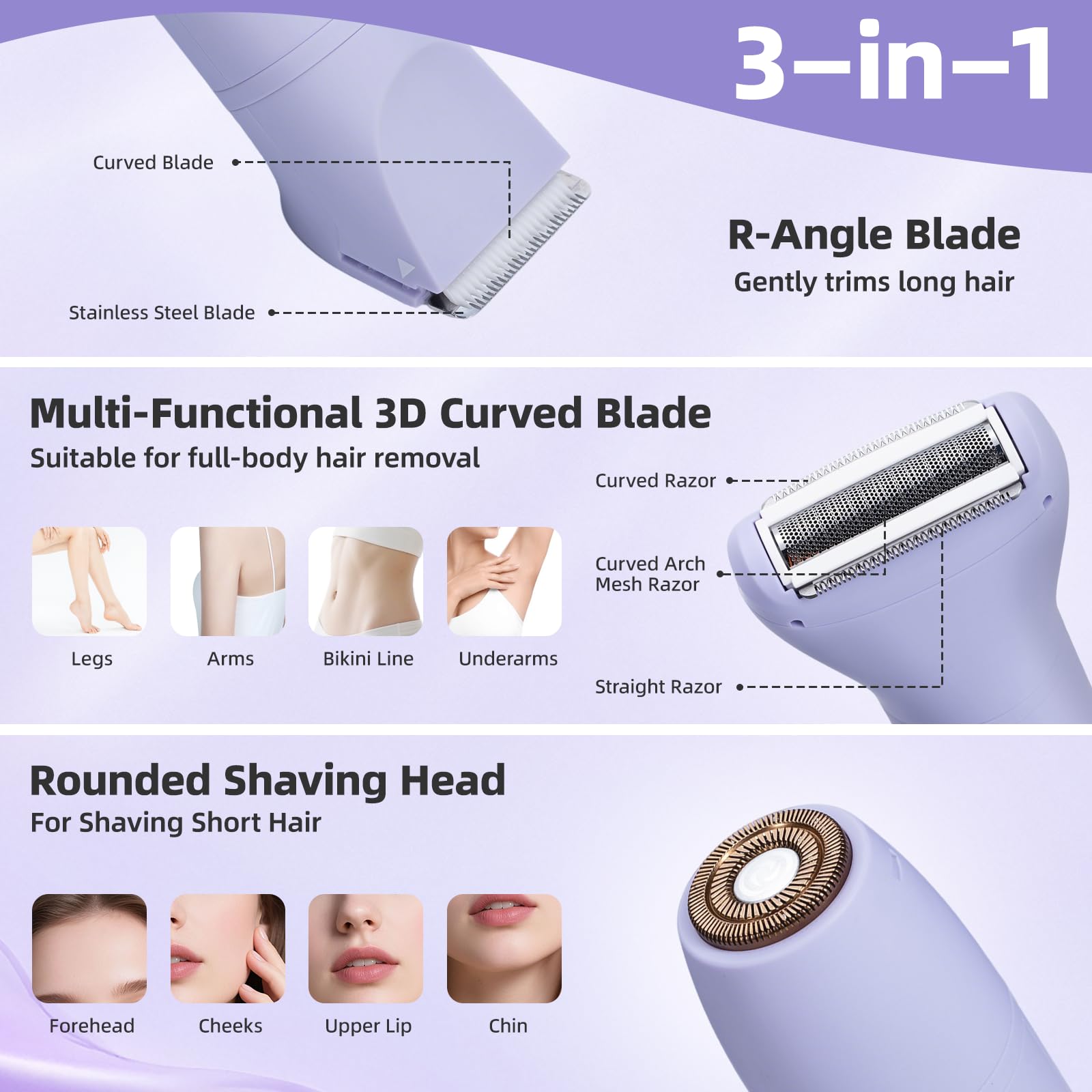 Carehabi Rasoio Elettrico Donna 3 in 1 Impermeabile IPX6 Epilatore Elettrico Donna Depilatore Donna Display LCD Uso a secco/bagnato per Bikini Viso e Corpo