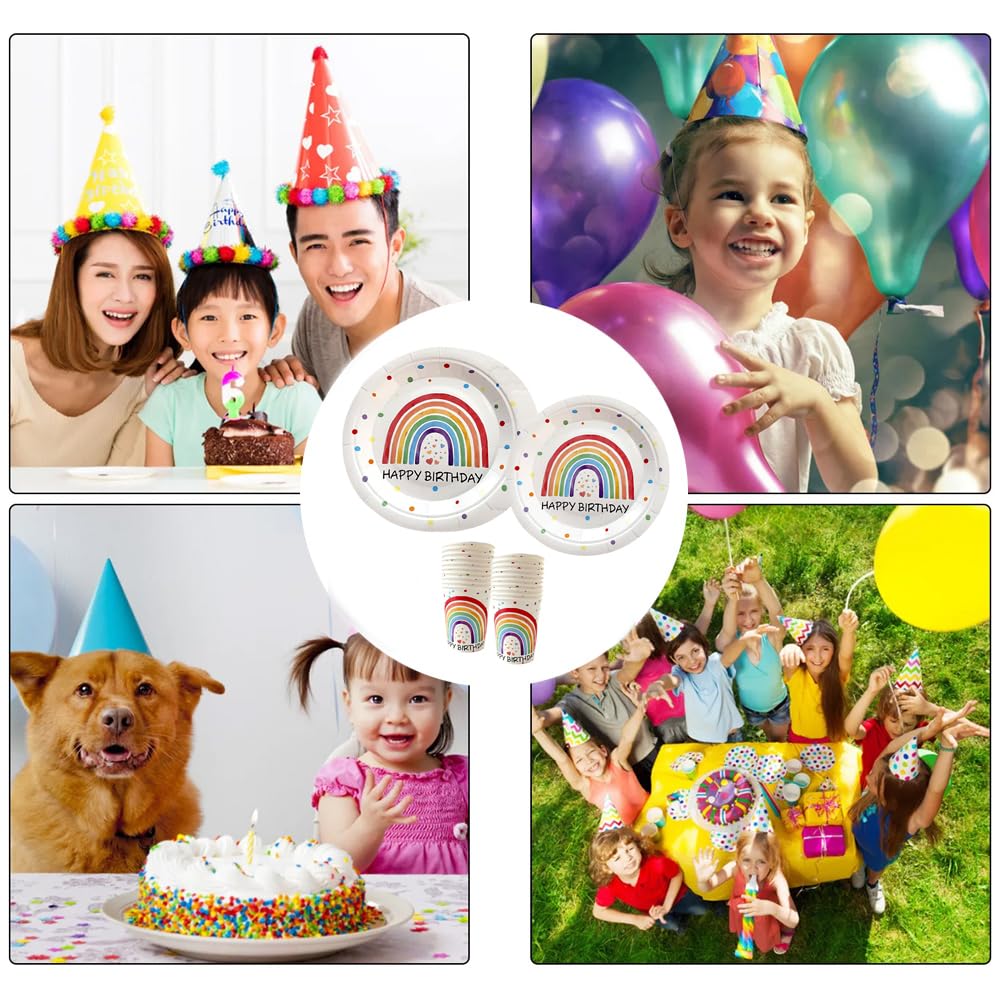 168 stuks wegwerpservies, verjaardag, meisjes, borden, regenboog, bekers, rietjes, lepel, vork, papieren servetten, decoratie voor 24 gasten, roze en blauw en goud