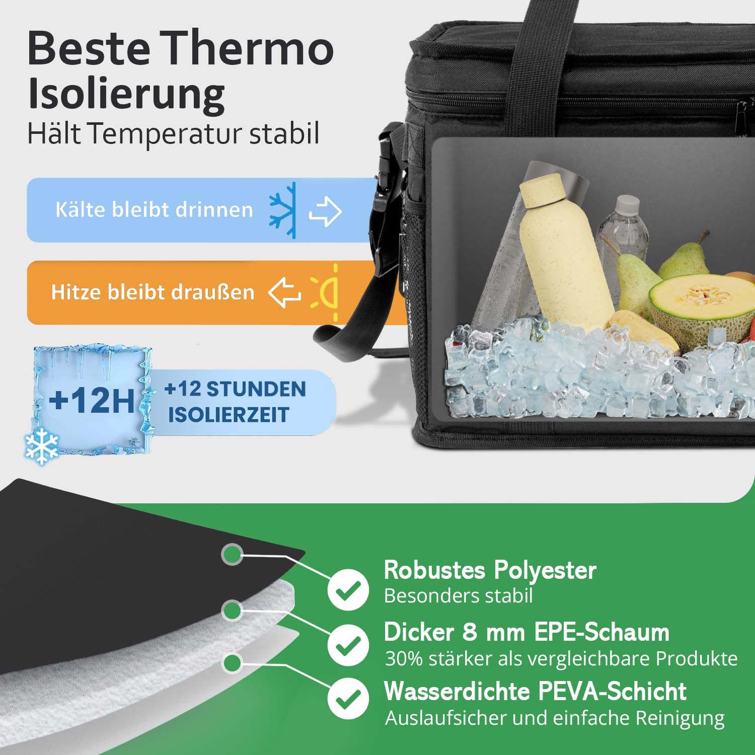 Cottara® Kühltasche Gross mit auslaufsicherer Isolierung 30l – Kühltasche faltbar groß zum Einkaufen & Picknick – Ideale Einkaufstasche, Isoliertasche, Thermotasche, Picknicktasche
