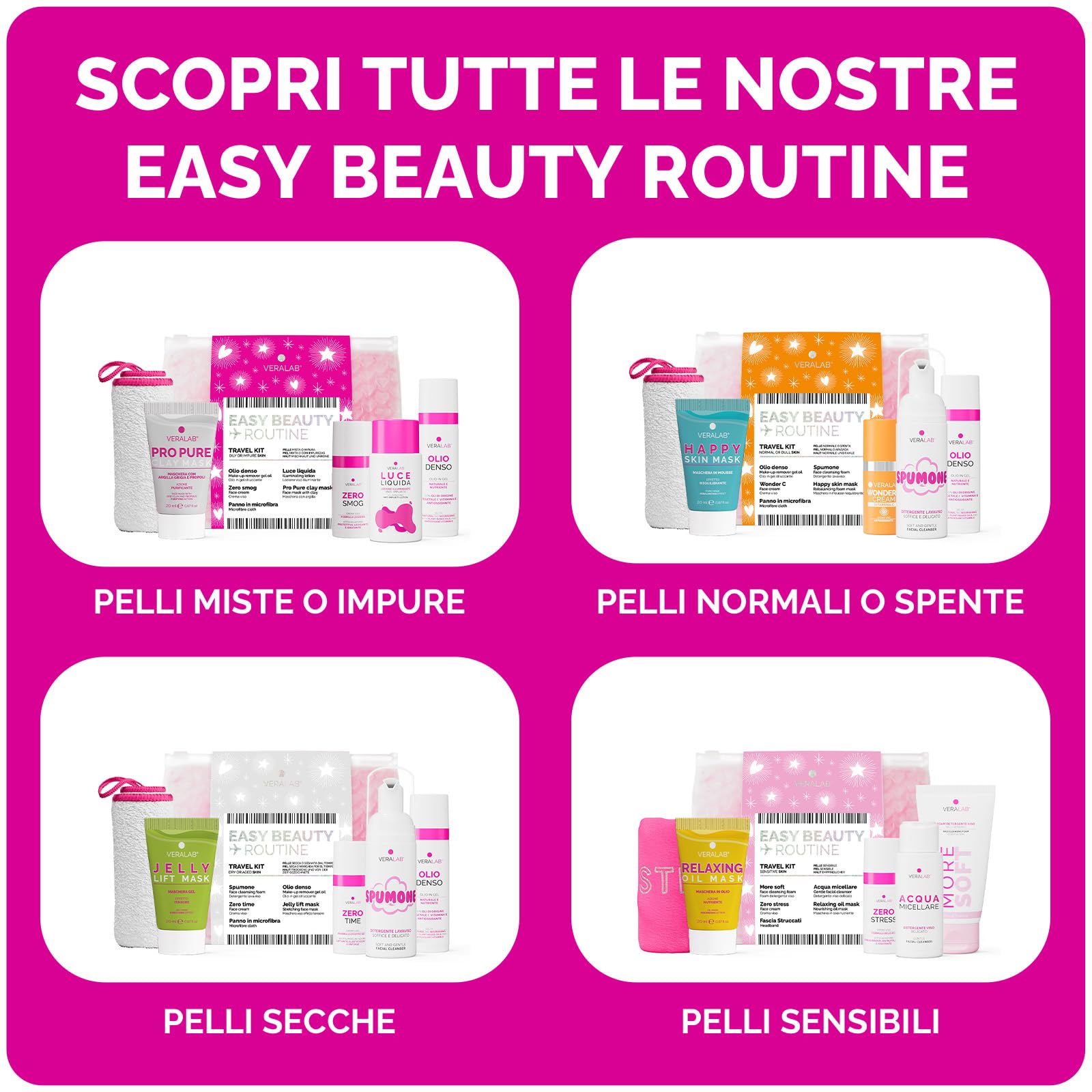 Veralab Easy Beauty Routine per Pelle Normale o Spenta, Travel Kit Skincare Completa con Olio Denso, Spumone, Crema Viso Wonder C Cream, Maschera Viso Happy Skin, Panno in Microfibra