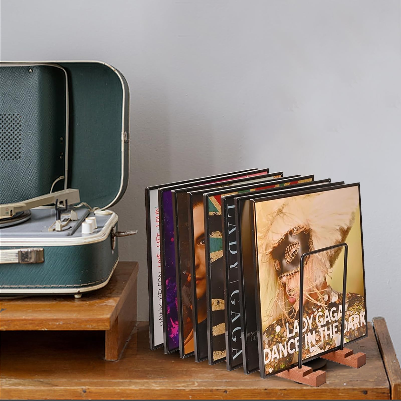Lot de 70 supports de disques vinyles en bois de pin avec organisateur de disques vinyles en acier inoxydable