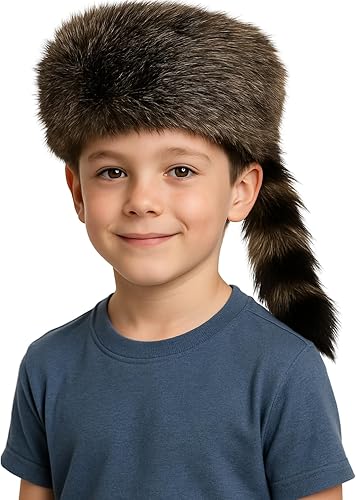 ArtCreativity Sombrero de mapache de piel sintética para niños, gorra de piel de coonskin de animal con cola de piel sintética, accesorio de disfraz