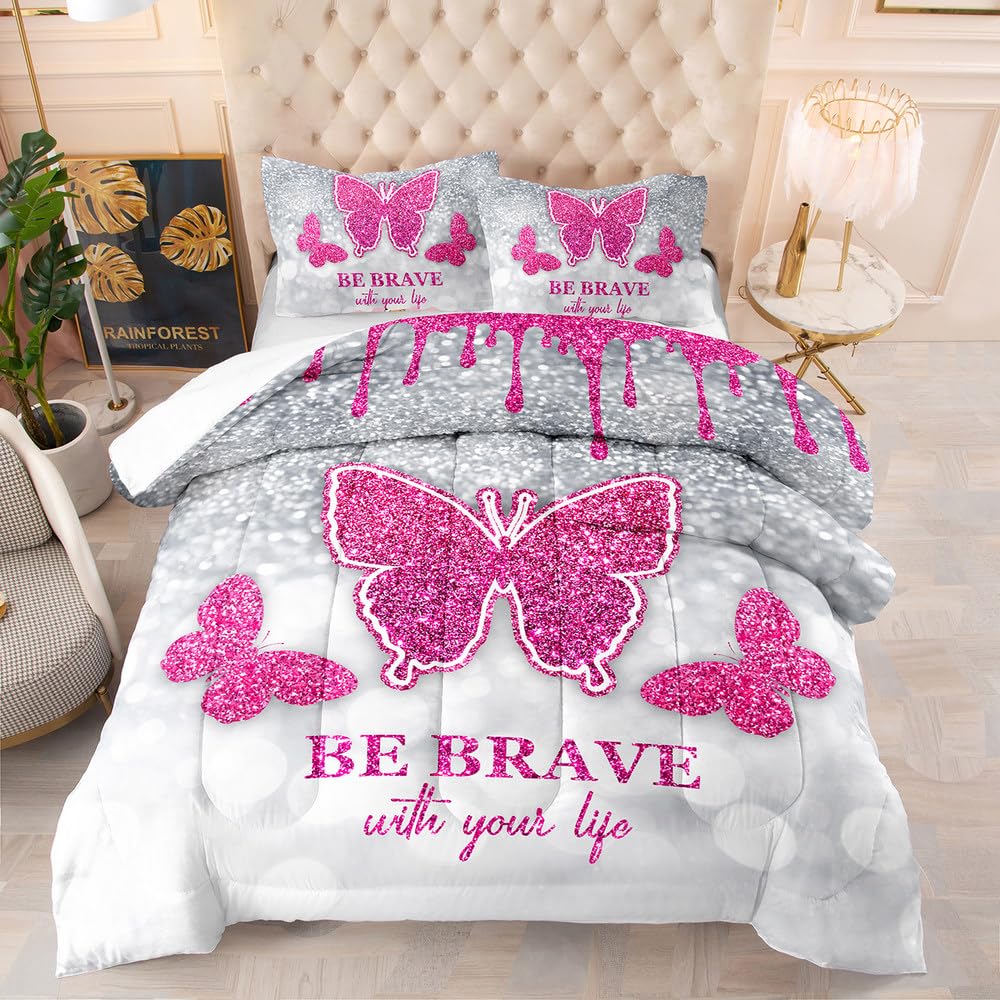 Couette 200x200 papillon rose imprimée 4 saisons avec taies d'oreiller