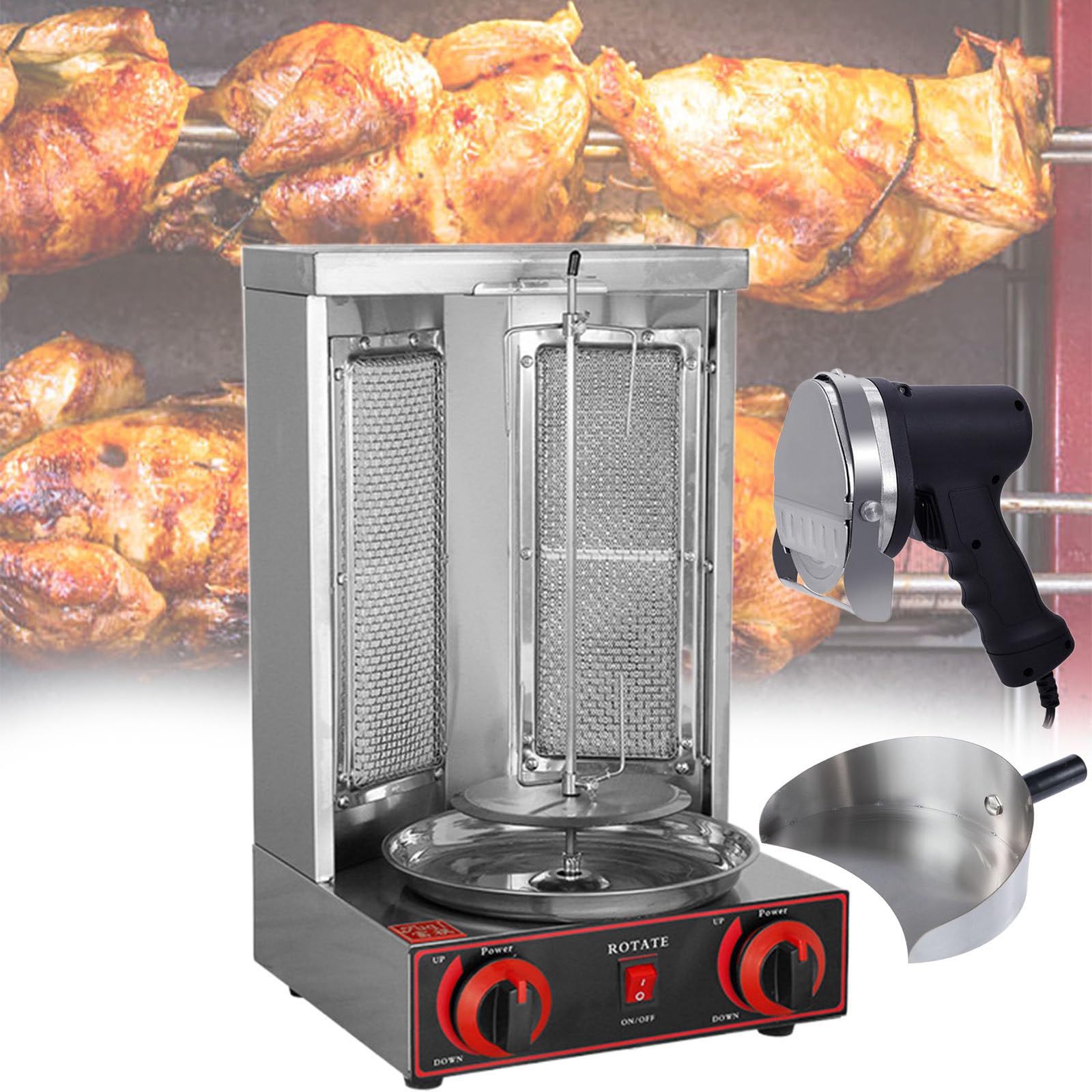 Parrilla Vertical a Gas, Horno Asador Giroscópico Kabob Grill, para Asado de Pollo, Asado de Pavo, Tacos, Asado, Carne de Res, para Cocina de Restaurante en Casa,Pan+Knife