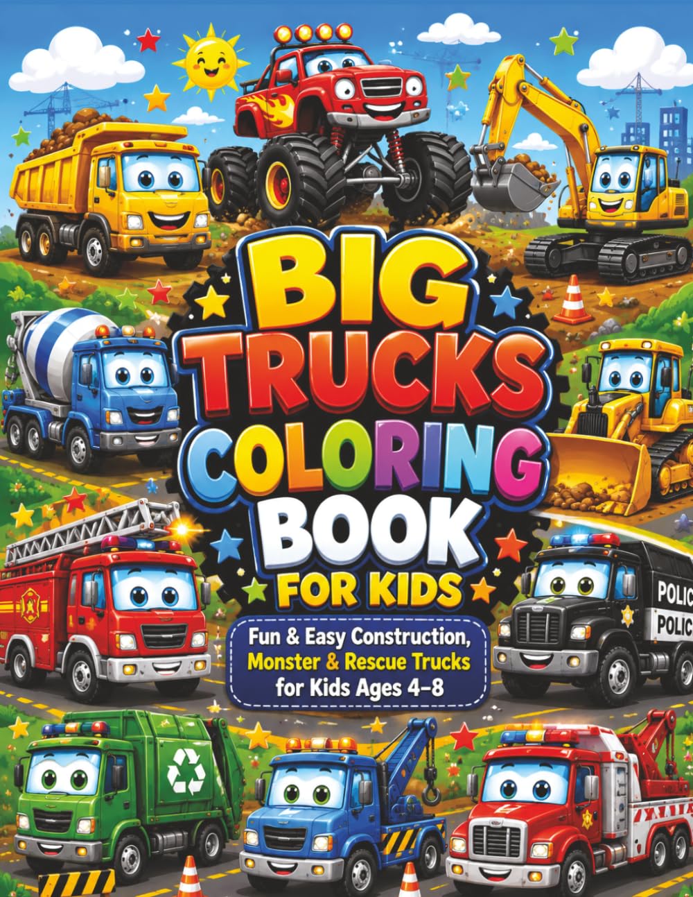 Big Trucks Coloring Book for Kids: Fun & Easy Monster Trucks, Construction Trucks, Fire Trucks, Dump Trucks, and Rescue Vehicles for Boys and Girls