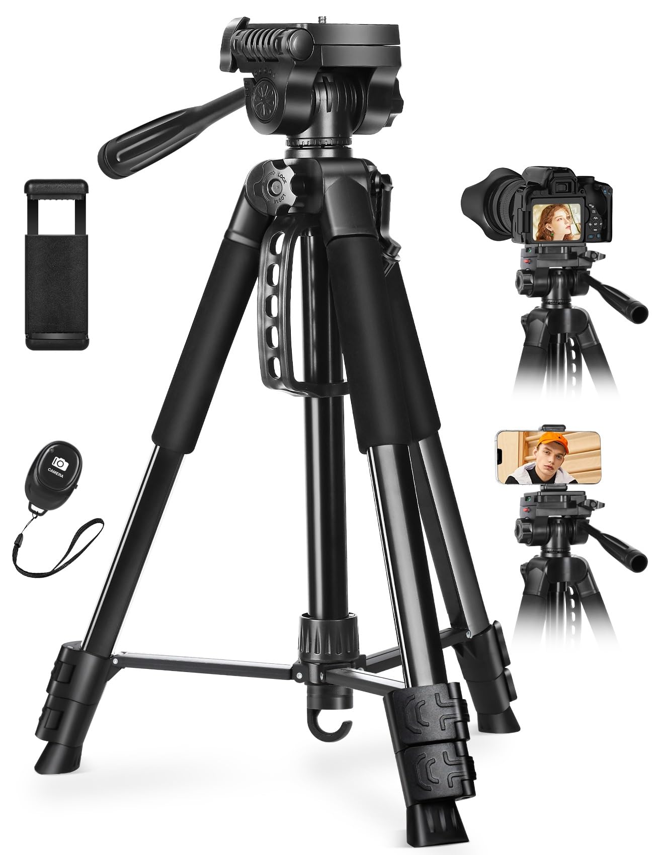 Eocean 170cm Tripod for Camera/Mobile Phone/iPhone, Professional Camera Tripod Stand, Heavy Duty Tripod with Remote & Phone Holder, Mobile Photography Stand for Travel Video Recording