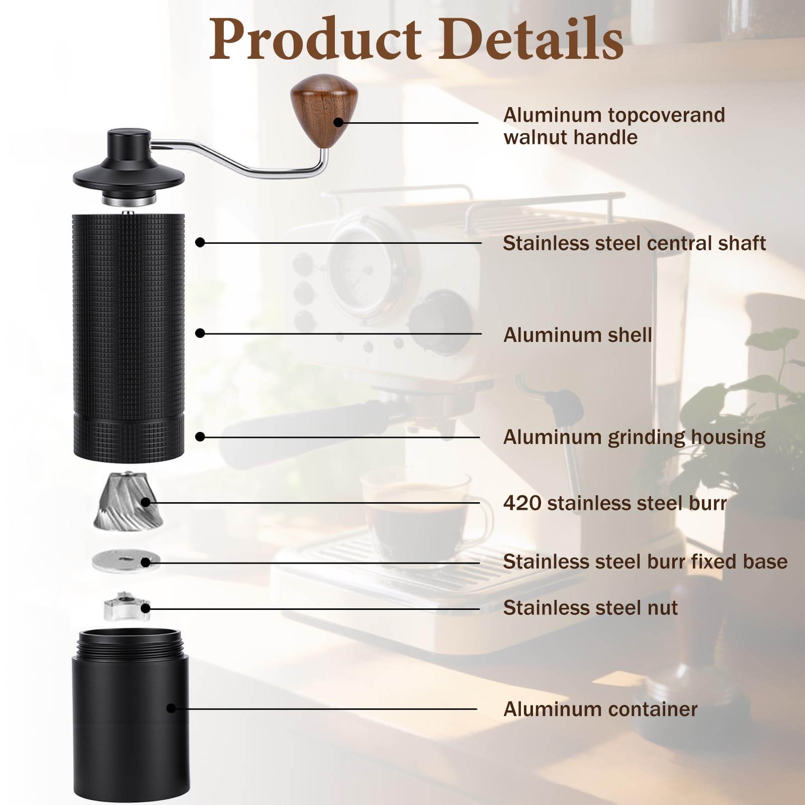 Macinacaffè manuale leggero, capacità 20 g, manuale con precisione in acciaio inox, macinacaffè italiano con manico in legno per moca, French Press, Drip con