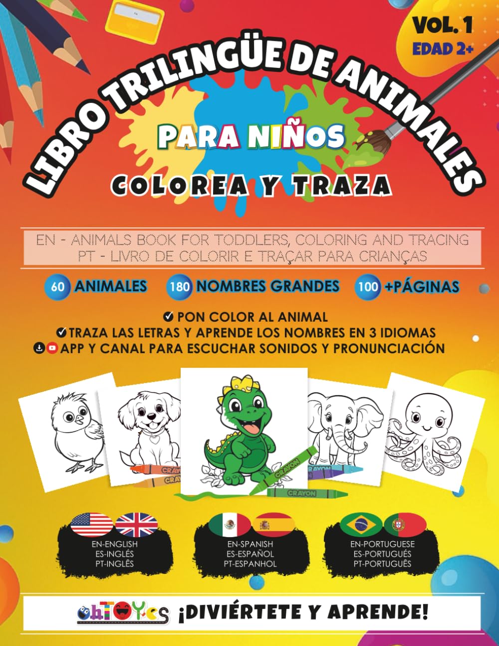 Mi Primer Libro Trilingüe para Colorear y Trazar Animales para Niños – 60 Animales • Nombres en Inglés, Español y Portugués: 100+ páginas • Edades 2-5 ... preescolar (Libros de Animales Trilingües)