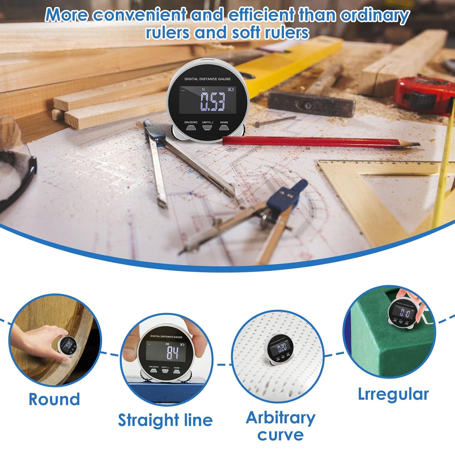 Digital Tape Measure with LCD Display, USB Rechargeable Electronic Rolling Ruler, 199.99m Digital Measuring Tape, Portable Rolling Measuring Tool for Circular Flat Curved Diameter