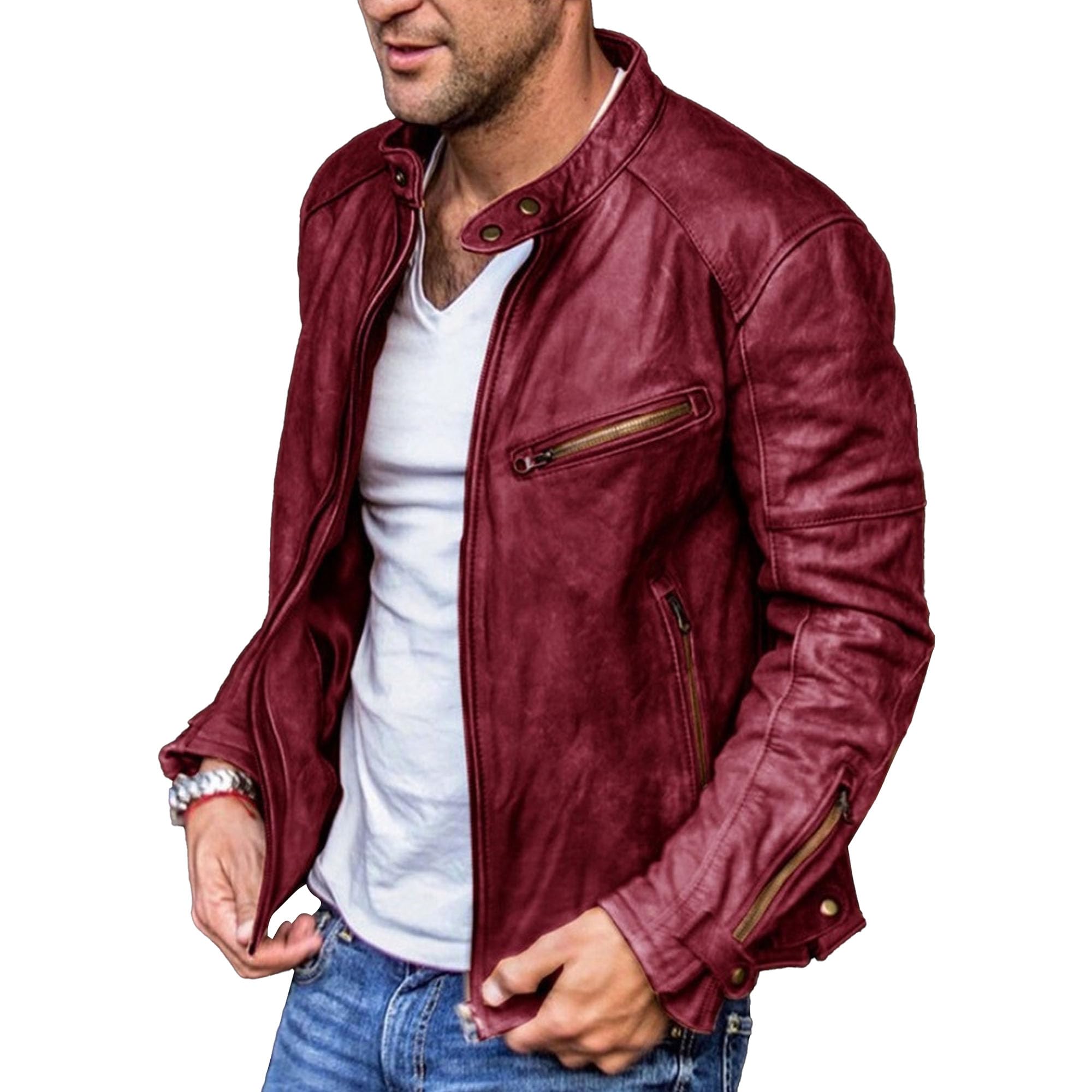 Mens Pu Leather Jacket Vintage Stand Collar Slim Motorcycle Coat Casual Fashion Cafe Racer Jacket (Large,Wine Red)