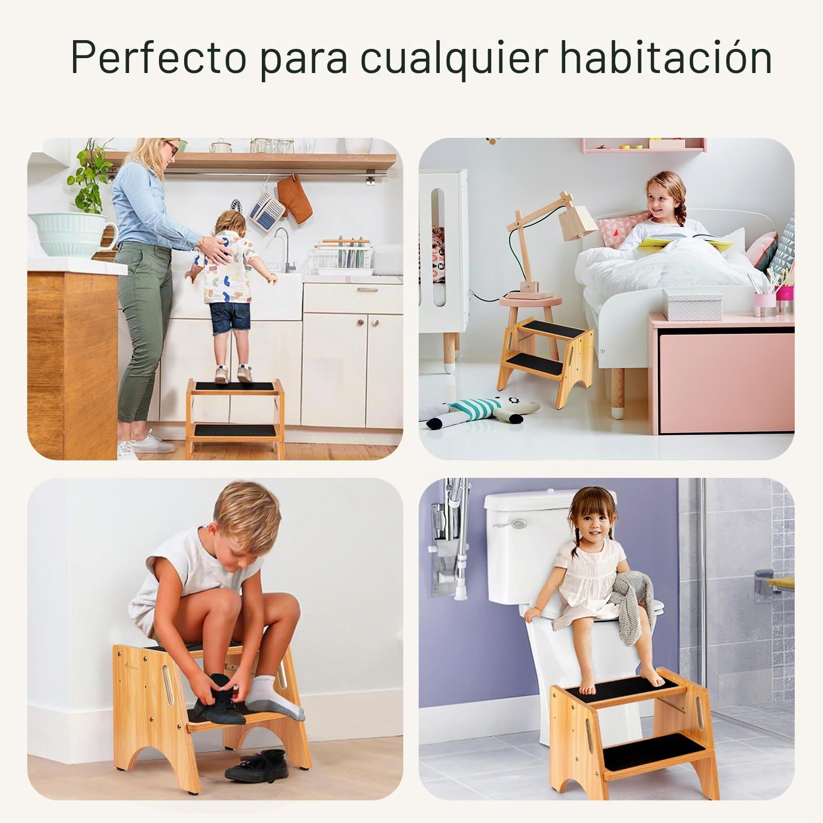 StrongTek Taburete 2 Escalones Ajustables de Madera | Escalera resistente de madera con 2 peldaños regulables en altura y bordes antideslizantes para uso familiar