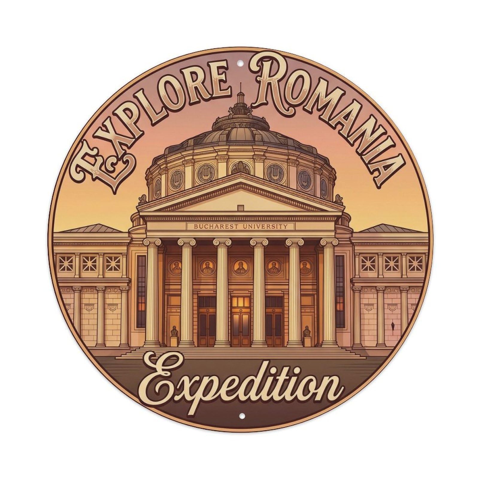 Bucharest Building Expedition Heritage Destination Scenic Metal Tin Sign Plaque Wall Decor for Cafe, Man Cave, Club Bar, Office, Home Garden Round Metal Poster 8x8Inch