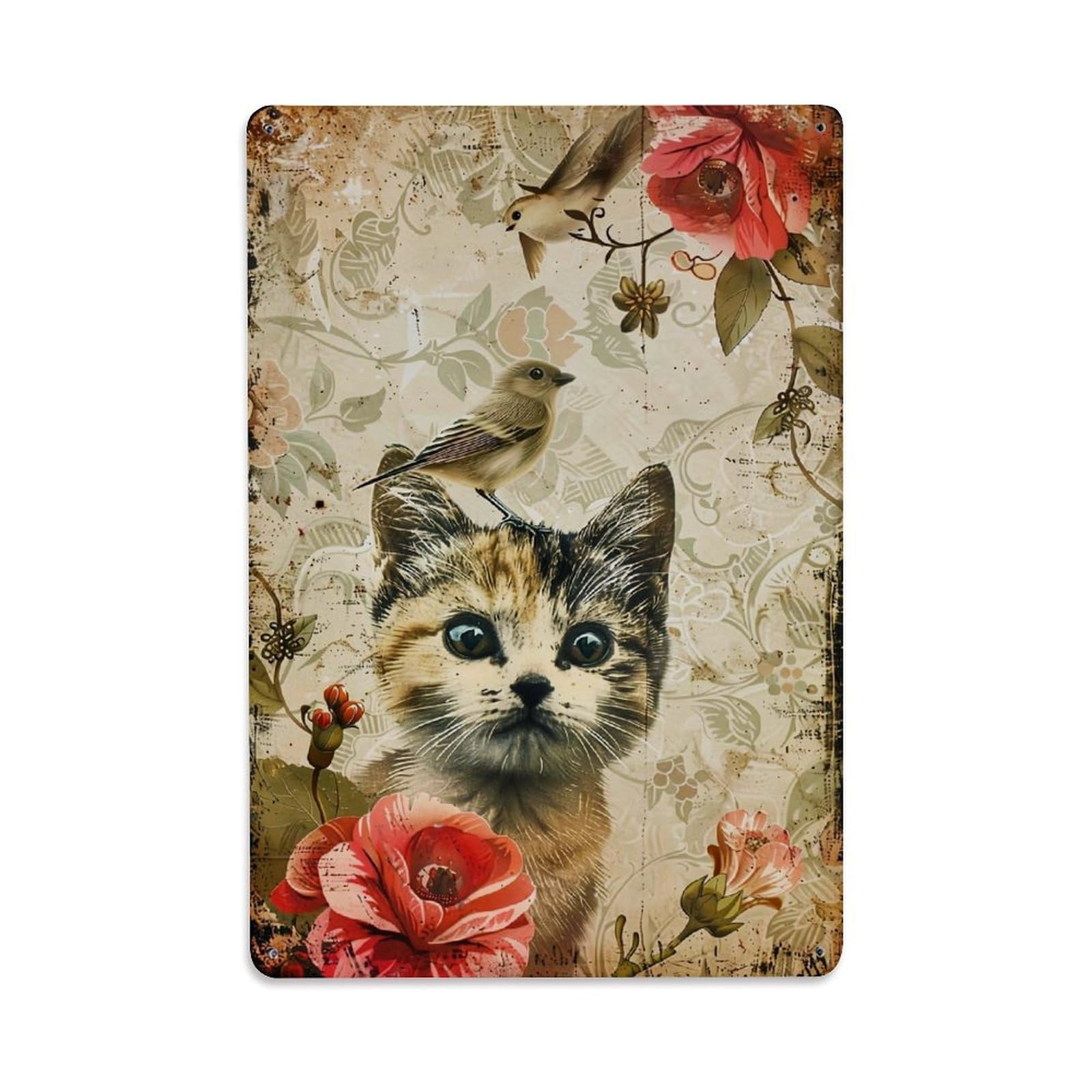 Nestemfo Vintage Cat Bird Floral Pattern Tin Sign Metal Sign, Living Room,Bar, Home, Bedroom Wall Decor,Retro Metal Poster 8X12 Inches