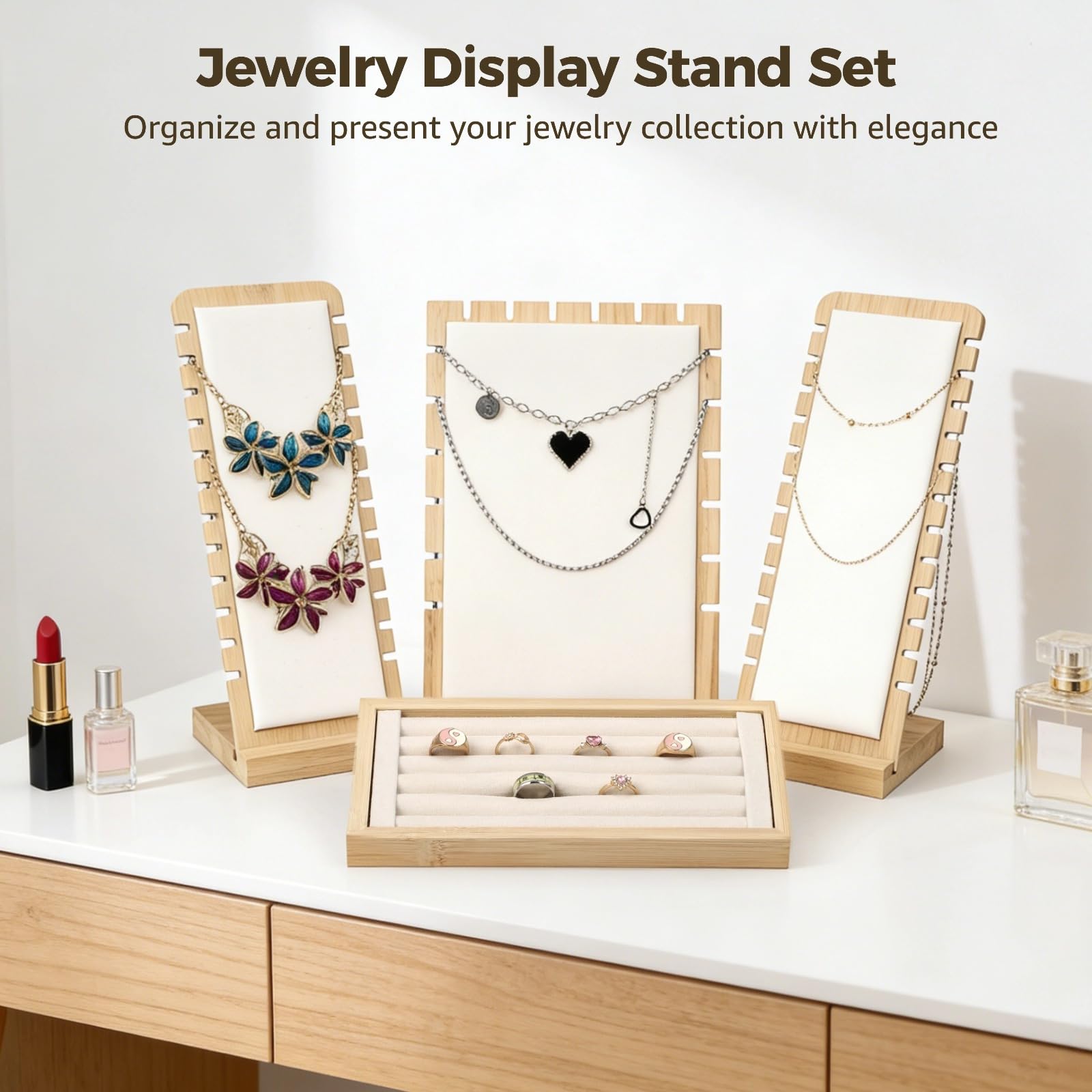 Juego de 4 soportes de exhibición de joyas de madera, soporte para collares con exhibición de anillos, tableros de exhibición inclinados, pulseras colgantes, organizador de cadenas para