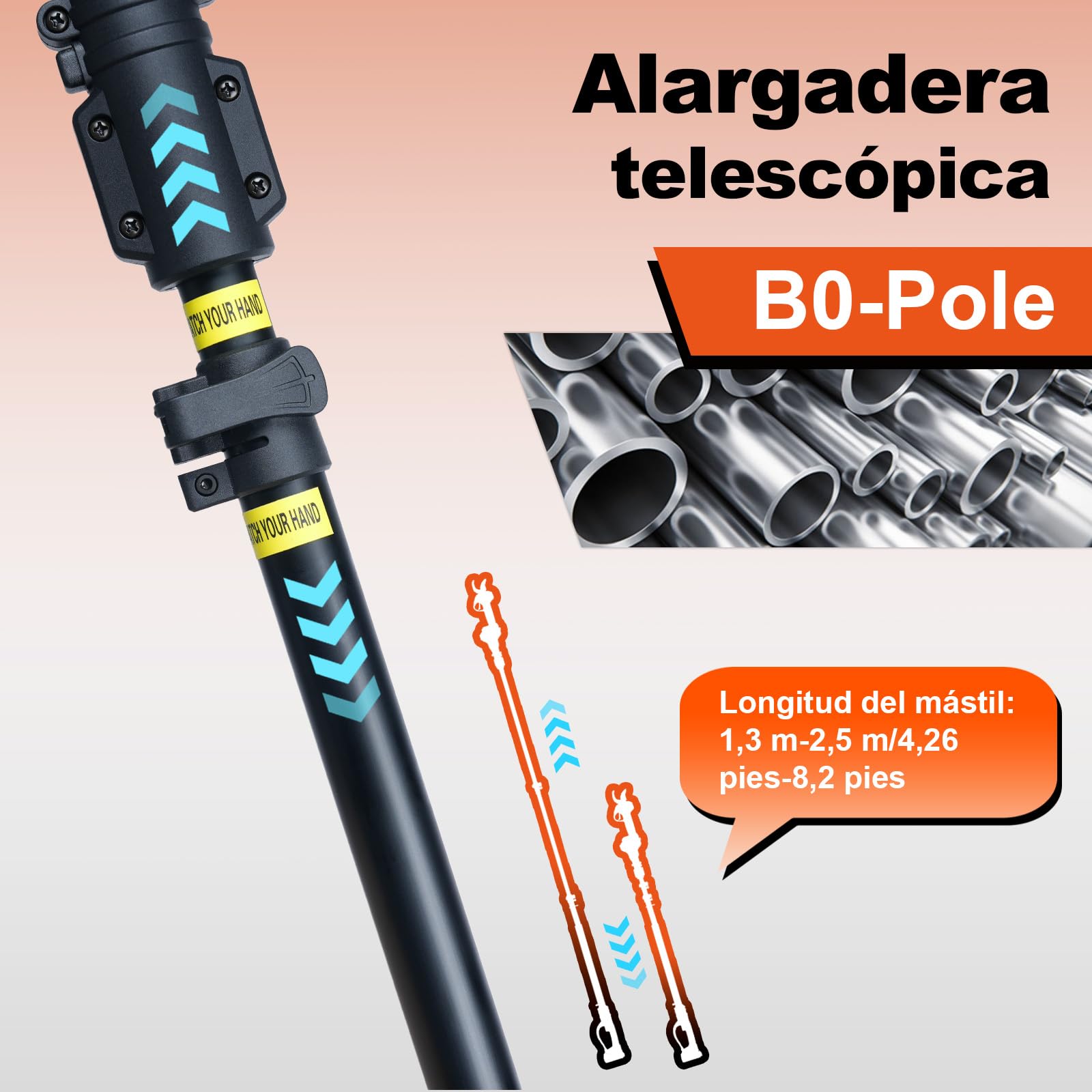 Kebtek Extensión de Mango telescópico para Tijeras de podar eléctricas | Eleskopstange 4,2-8,2 ft para B06640 Podadora batería Jardinería árbol rama alta rama extendida rango de corte B0-Pole