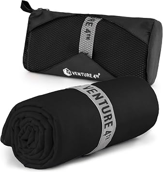 VENTURE 4TH Quick Dry Microfiber Towel for Camping & Gym - Black XL | Lightweight, absorbs 7x more than cotton, dries fast & resists odor. Packable Travel Towel with tear-resistant carry bag.