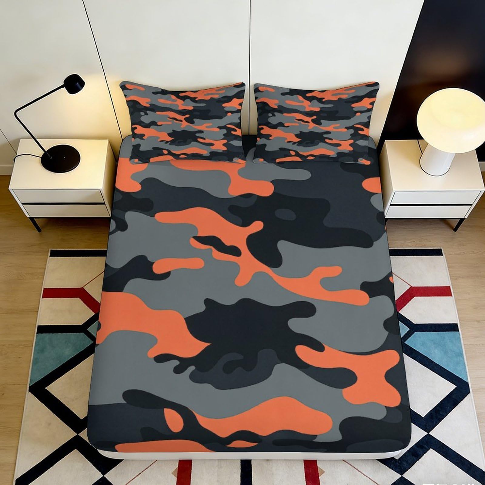 3D Printed Orange Black Camo Fitted Sheet Microfiber Soft Bed Cover for Bedroom Guestroom Machine Washable 90x200x25cm