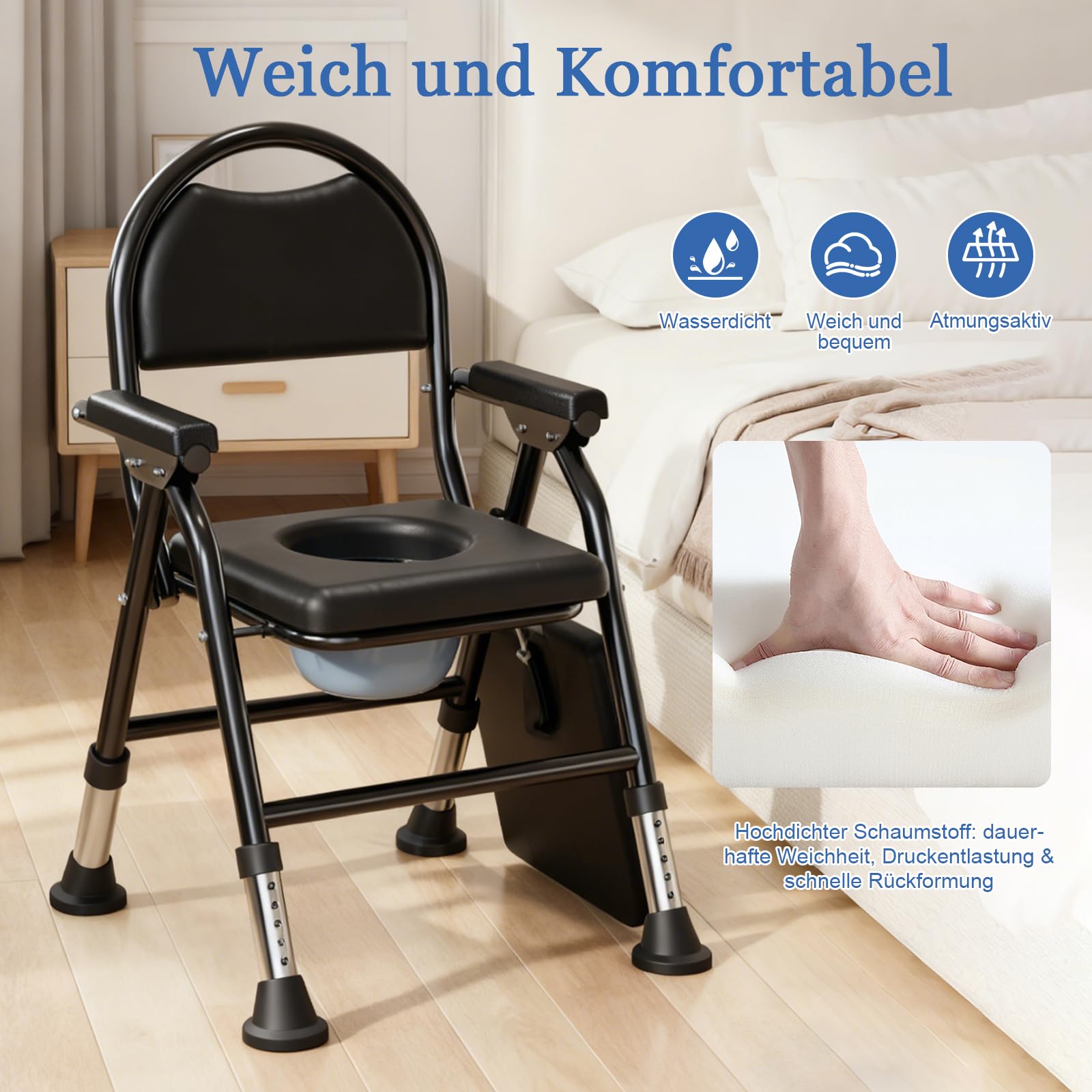NJUN Toilettenstuhl Klappbar mit Eimer, Kompakter Nachtstuhl für Senioren Höhenverstellbar, WC Stuhl Bett mit Gepolstert für Schlafzimmer Pflege, Stabil Bis 200 kg