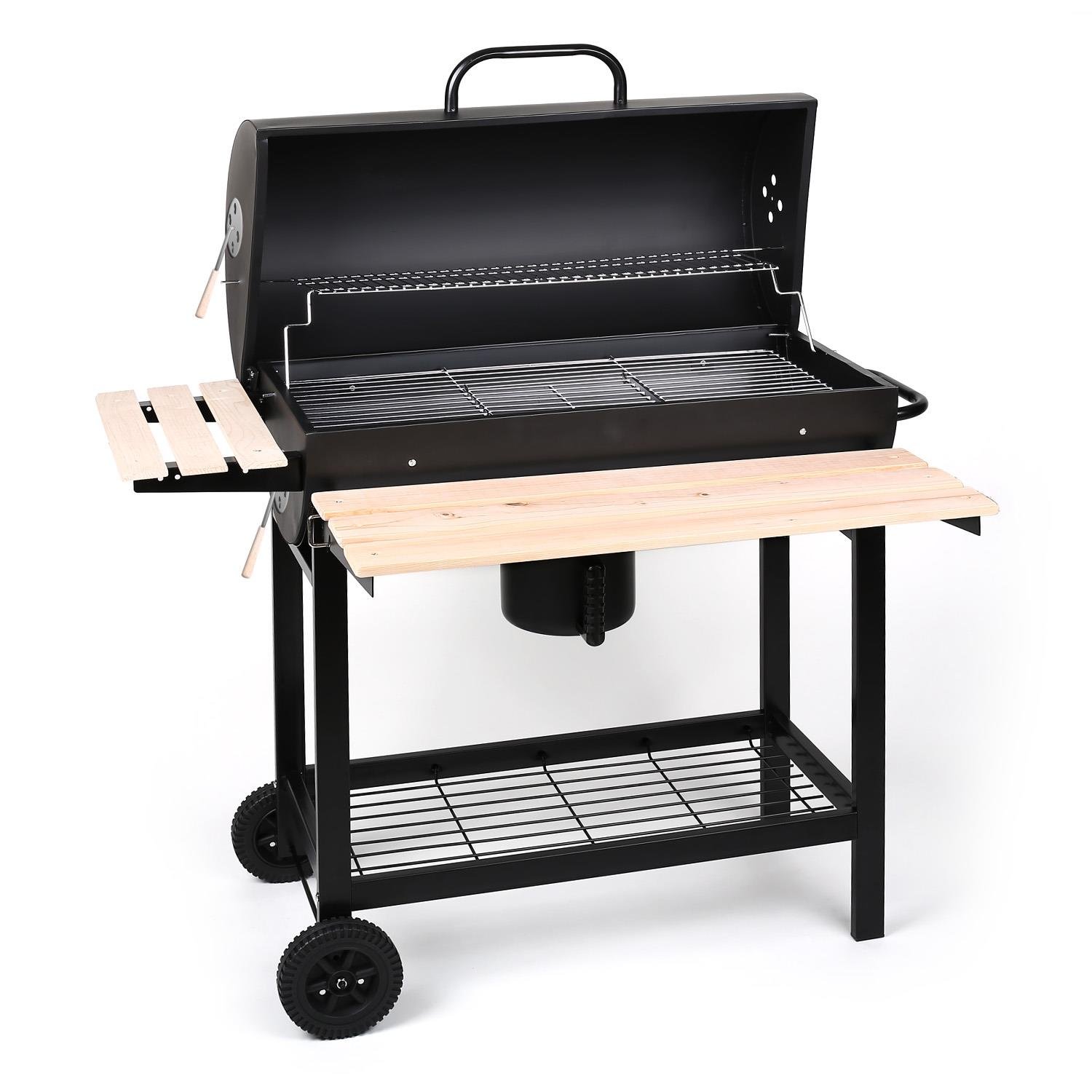 oneConcept Beefbutler - griglia a Carbone, griglia da Giardino, griglia Diretta e indiretta, 2 Ripiani in Legno, 4 Aperture di Ventilazione, Contenitore Rimovibile, Ruote per Trolley, Nero
