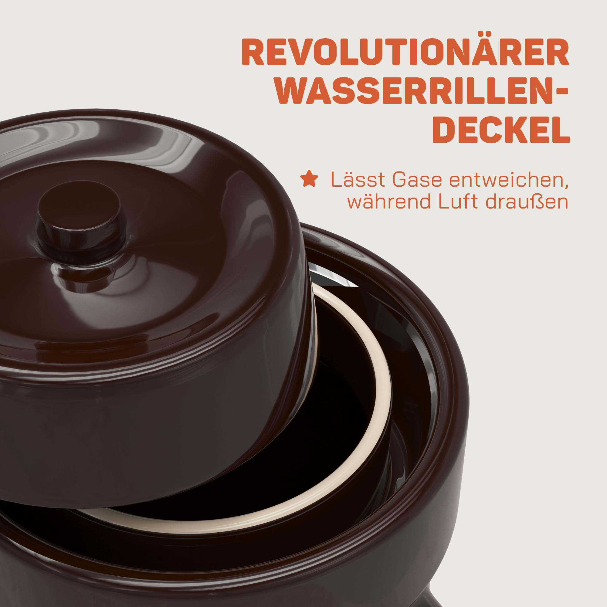 Sauerkrauttopf 4 Liter - Gärtopf zum Einlegen & Fermentieren | Mit Deckel, Krautstampfer & Fermentiergewichte – Gurkentopf Steintopf für Sauerkraut, Kimchi, Gurken - Steingut