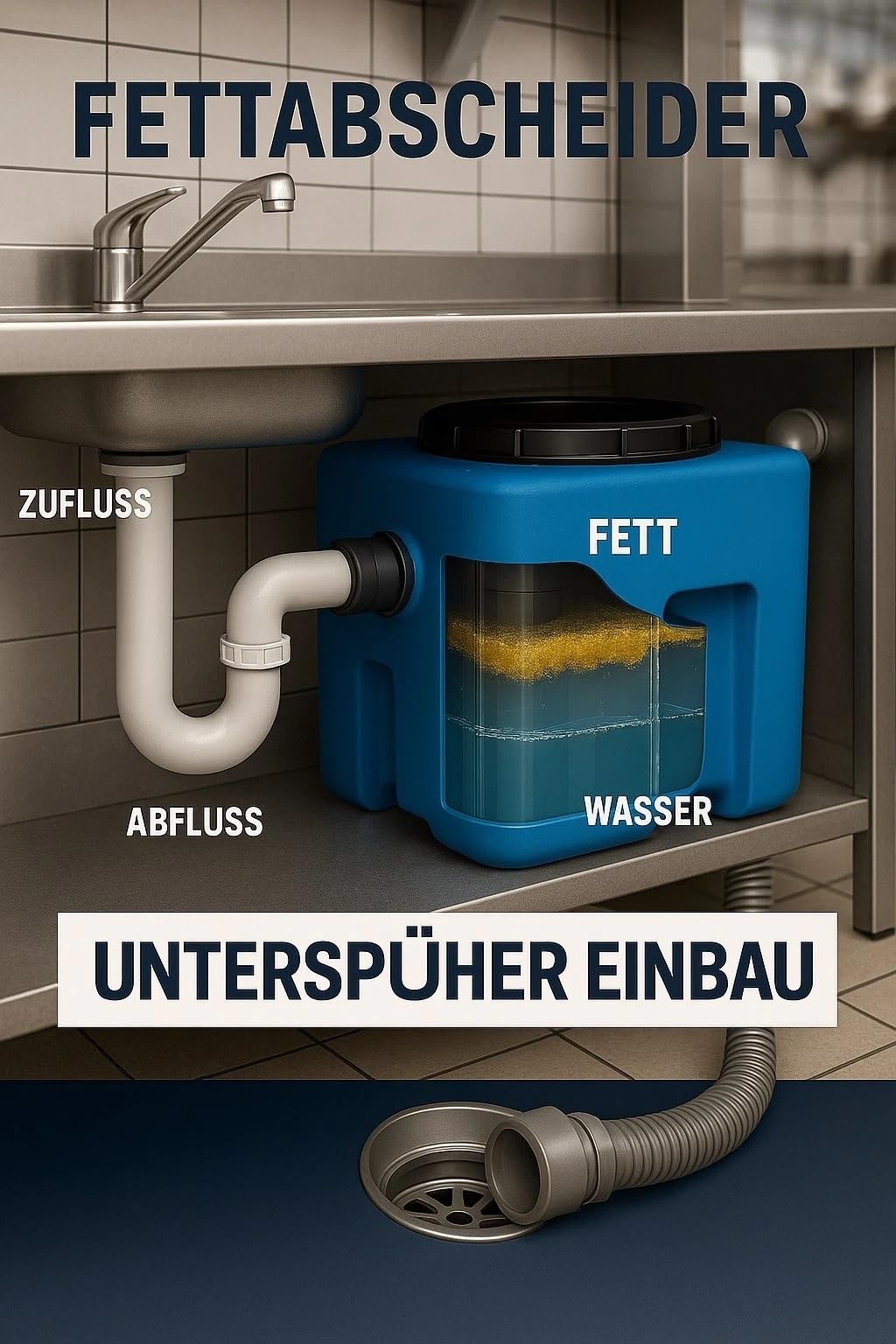 KMND Fettabscheider 40L Untertisch Gastro - DIN EN 1825 Zugelassen - PE-HD Fettfangsystem Vorabscheider - Fetttrenner für Gastroküchen Foodtruck Restaurant - Kompakt Leicht - Fat Separator