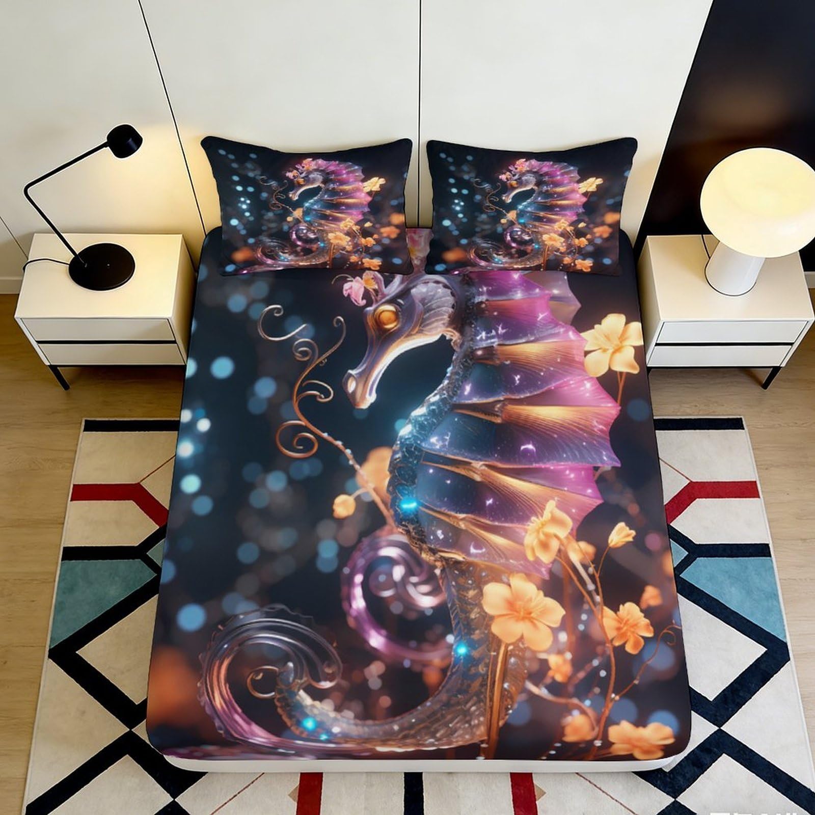 Pnayamiorkfel Style-8 3D Printed Fantasy Seahorse Fitted Sheet Microfiber Soft Decorative Floral Mattress Cover For Bedroom Guest Room 90X200x25cm