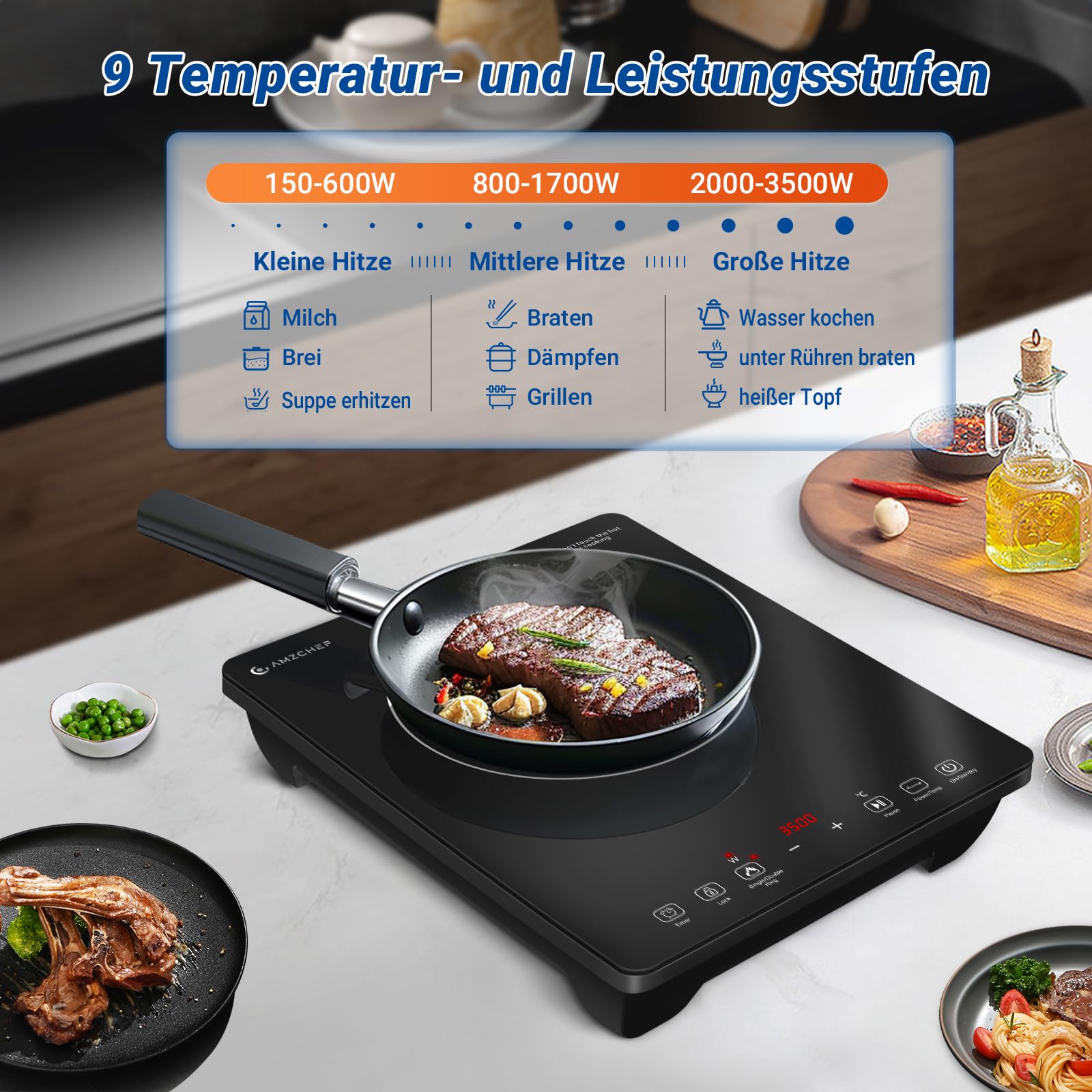 AMZCHEF Induktionskochplatte Einzel, 3500W Induktionskochfeld mit Doppelter Ring, 9 Stufen, Sicherheitssperre