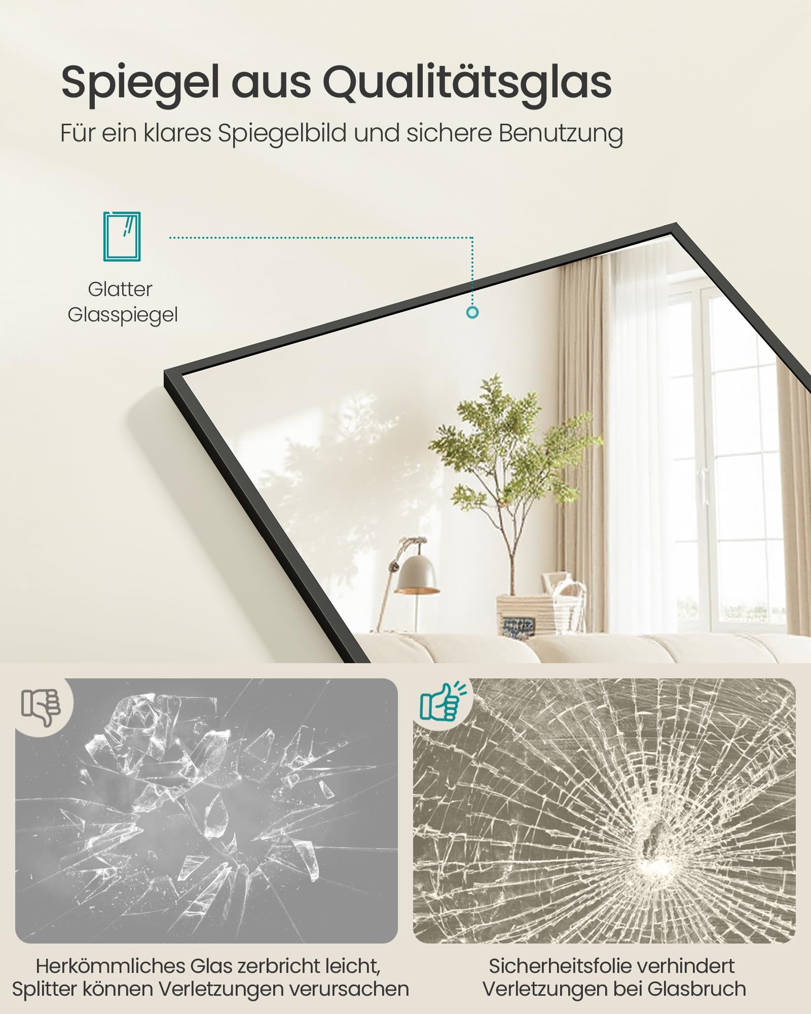 SONGMICS Ganzkörperspiegel, 150 x 40 cm, rechteckiger Standspiegel, Rahmen aus Aluminiumlegierung, Hartglas, quadratische Ecke, für Schlafzimmer, Wohnzimmer, Garderobe, tintenschwarz LFM054BD01