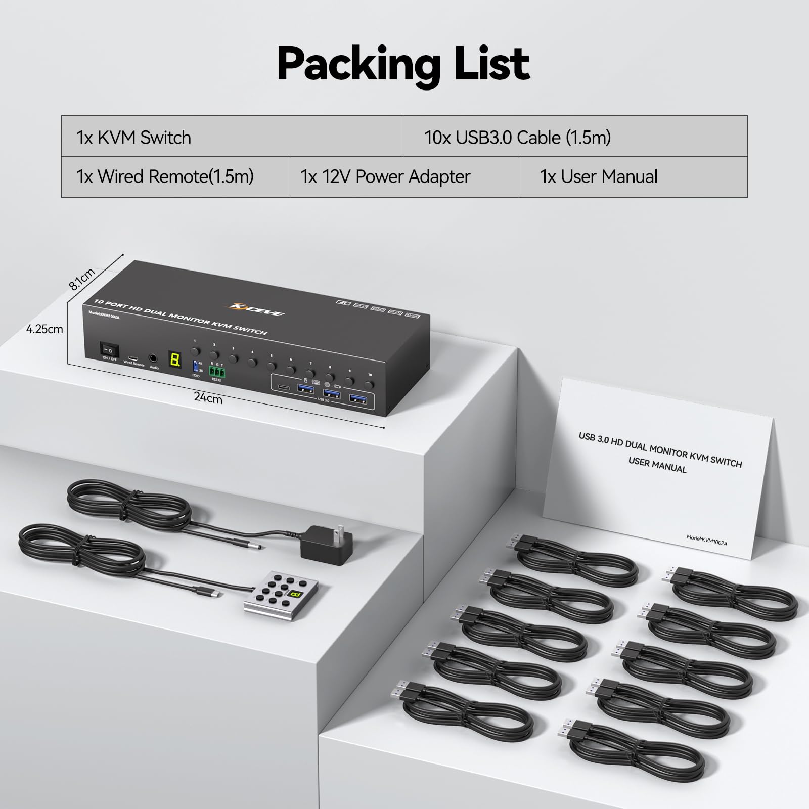 Commutateur KVM HDMI à 10 ports, 2 moniteurs, 10 ordinateurs, simulation EDID 4K @ 60 Hz, commutateur KVM double moniteur avec 4 ports USB 3.0 pour clavier, souris, imprimante audio, RS232, avec