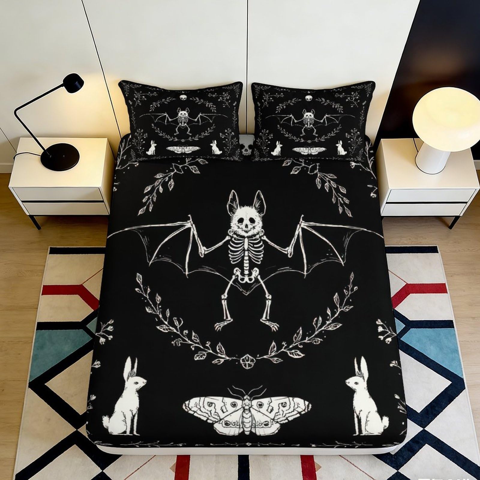 3D Printed Gothic Skeleton Bat Fitted Sheet Microfiber Bedroom Decor Rabbit Moth Mattress Cover for Home Dorm 90x200x25cm