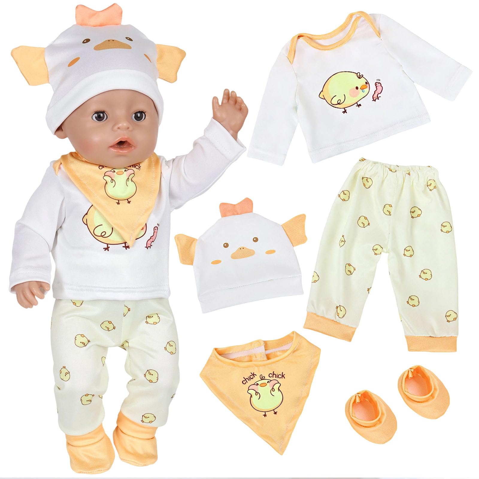 Doll Clothes for 14-18 Inch Newborn Baby Doll Costume 35-45 cm Yellow Chicken Pattern Set with Hat Long Sleeves Pants Socks, and Towel - Sweet and Playful Style Doll Set Perfect for Girls