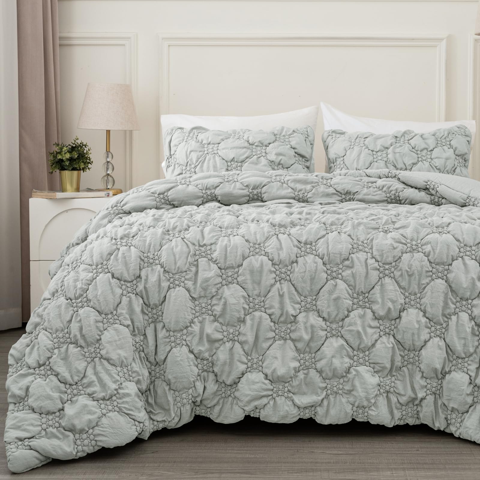 PHF Marshmallow Puff Comforter Set King Size, 3 Pieces Ultra Soft Lightweight Bedding Set for All Season, Pattern Textured 1 Comforter with 2 Pillow Shams, Light Grey