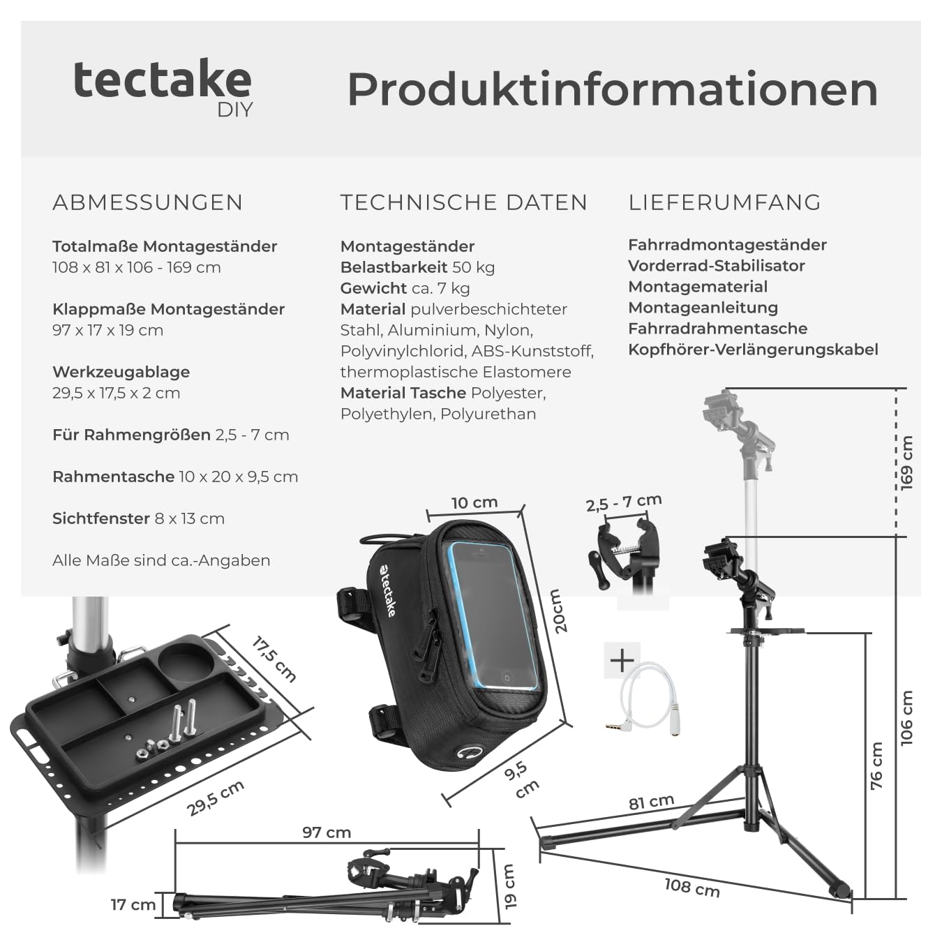 tectake® Fahrrad Set aus Rahmentasche inkl. Touch Fenster und höhenverstellbarem, klappbarem und drehbarem Reparaturständer, für Fahrrad, e Bike, Rennrad, Belastbarkeit bis 50kg - Typ 2