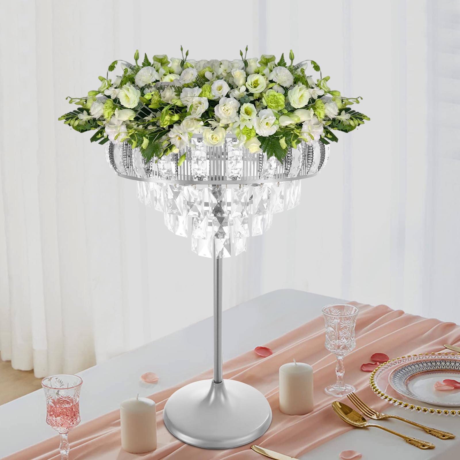 Supporto per fiori in acrilico e metallo, con ciondolo in cristallo, moderno | Decorazione da tavolo per matrimoni, eventi, supporto per fiori, 42 x 60 cm