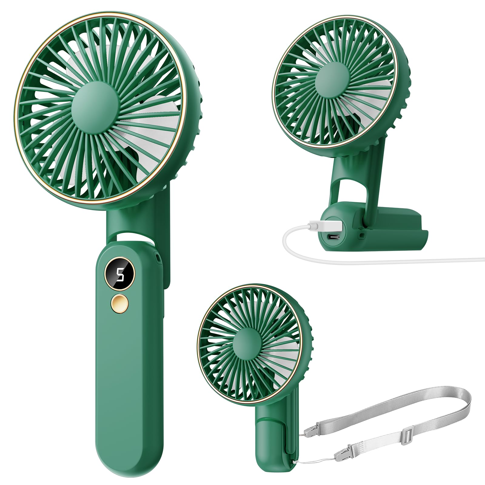 Ventilador de mano portátil, plegable de 180°, mini ventiladores de mano recargables por USB para viajes, verano, exteriores, oficina, 5 velocidades ajustables, pantalla LED, 5-15 horas de