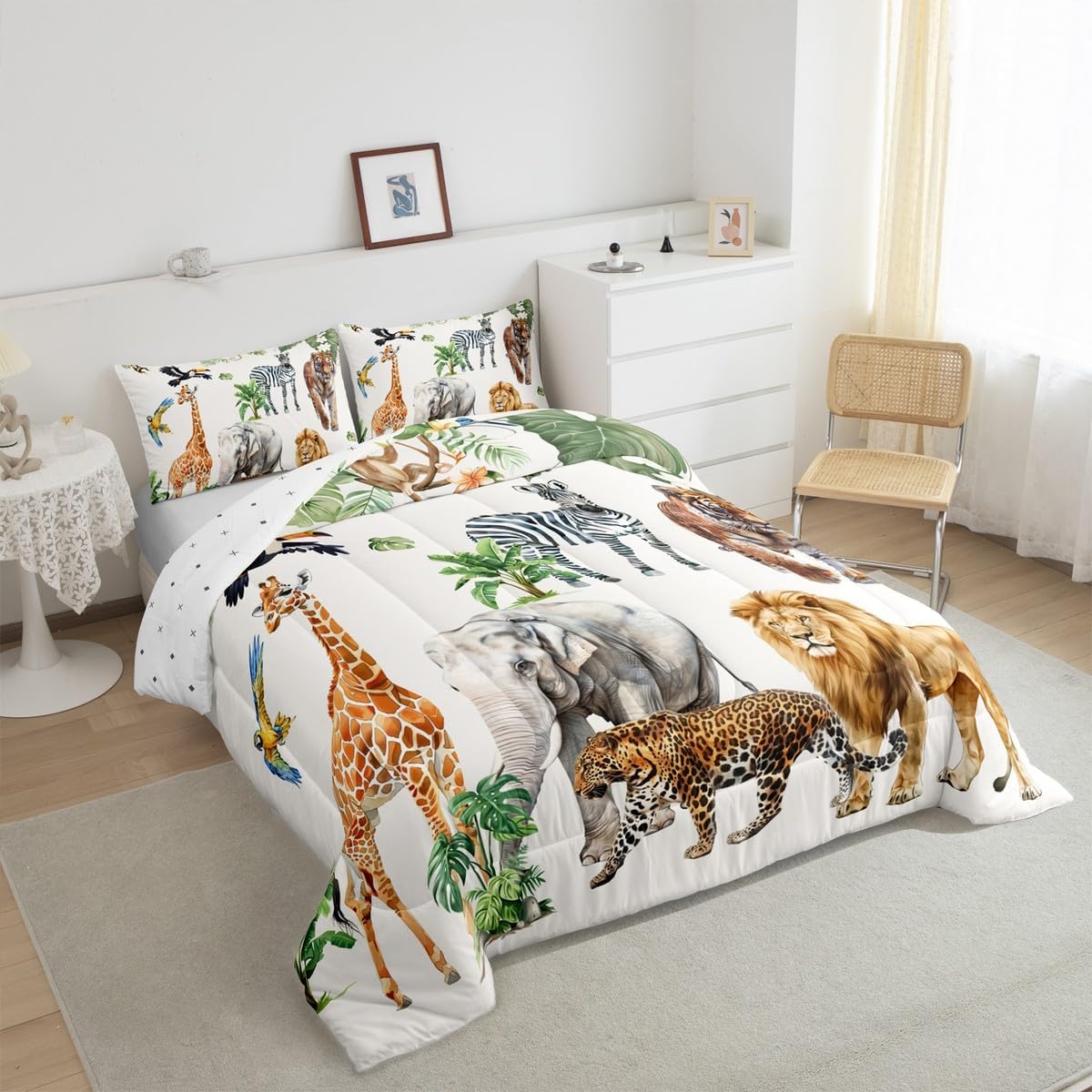 Erosebridal Zoo Animal Comforter Set Twin Size for Kids Boys Girls,Lion Tiger Monkey Bedding Set,Tropical Palm Trees Duvet Set,Farmhouse Comforter Bedroom Decor