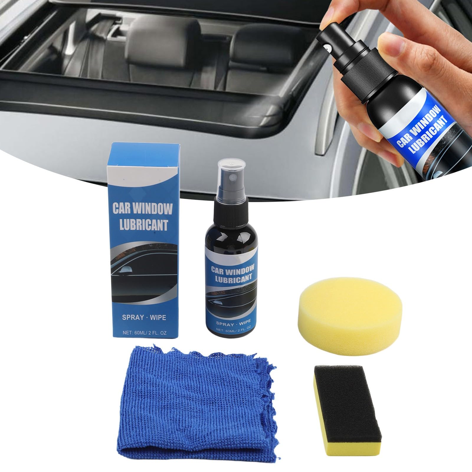 ZYWUOY Lubrifiant pour voiture, joint en caoutchouc, spray de réduction du bruit pour portes et toit ouvrant, kit de 60 ml avec serviette et éponges