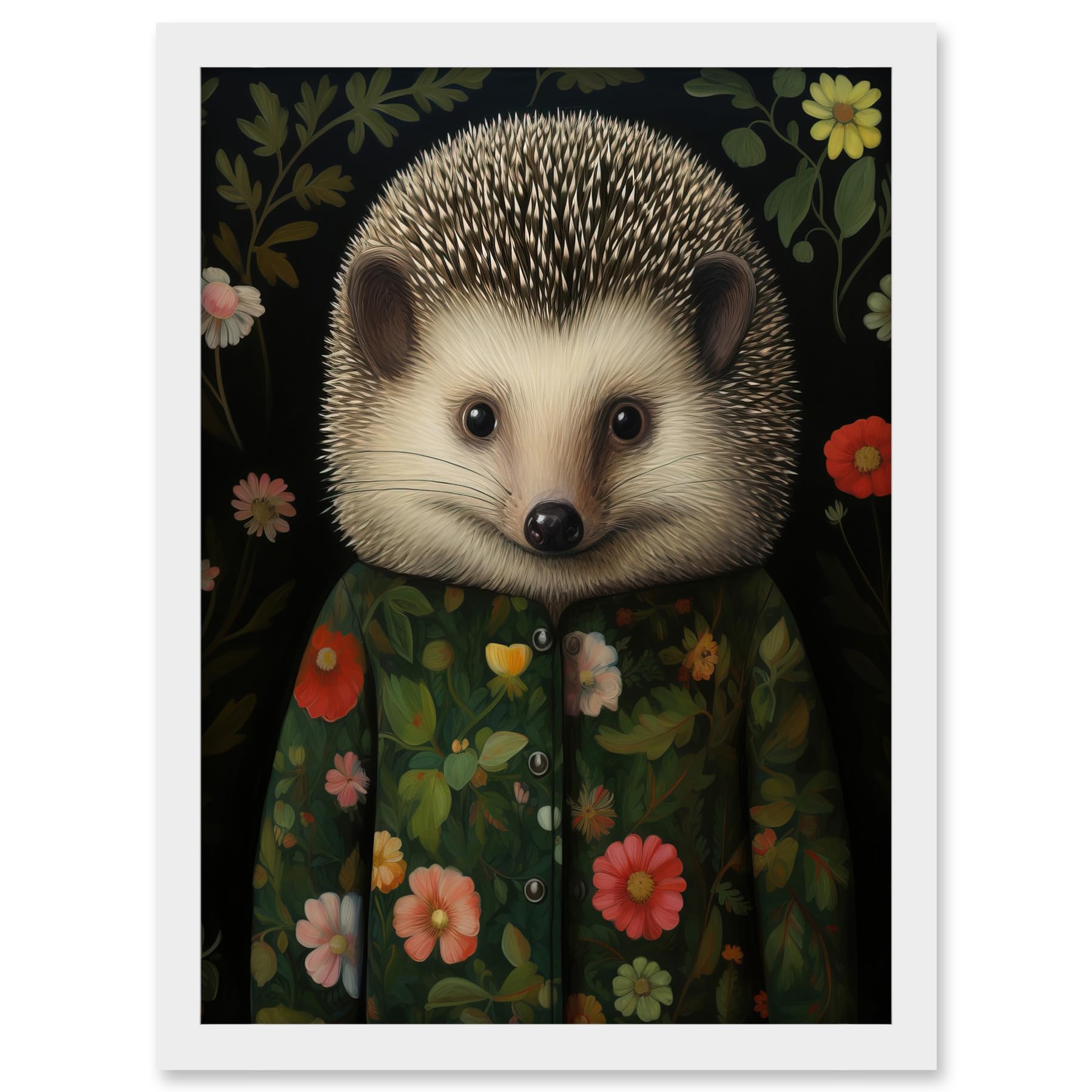 Artery8 Hedgehog in Hedgerow Floral Jacket Cute Kids Bedroom Artwork Framed A3 Wall Art Print
